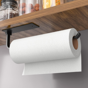 paper towel holder self adhesive or drilling, matte black, upgraded aluminum kitchen roll dispenser under cabinet, lighter but stronger than stainless steel!